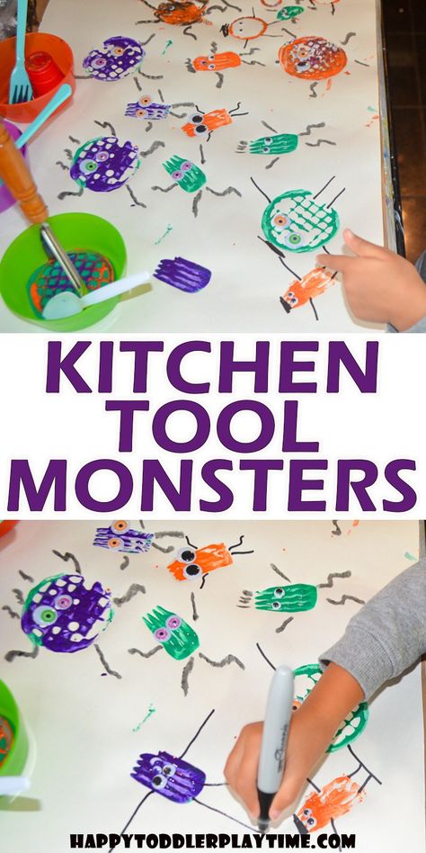 Kitchen Tool Monsters - HAPPY TODDLER PLAYTIME Here is a fun and easy Halloween craft you can do right now with your toddler or preschooler! Make scary monsters using kitchen utensils! #toddleractivities #preschool #kindergarten #halloweenactivities #halloween #kidsactivities #kidscraft #happytoddlerplaytime #busytoddler Kitchen Preschool Activities, Open Ended Halloween Art For Preschool, The Colour Monster Activities, Colour Monster Activities, Colour Monster, Easy Halloween Craft, Monster Activities, Monster Craft, Monster Crafts