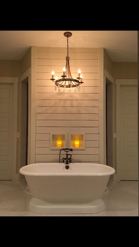 cast iron pedestal tub with shiplap accent wall in front of walk behind double shower Walk Around Shower Behind Tub, Walk Thru Shower Behind Tub, Wall Behind Tub Master Bath, Bath In Front Of Shower Wall, Tub With Shower Behind It, Walk Behind Shower Master Bath, Bathtub In Front Of Shower Wall, Bathroom Tile Accent Wall Behind Tub, Tub In Front Of Shower Wall Master Bath