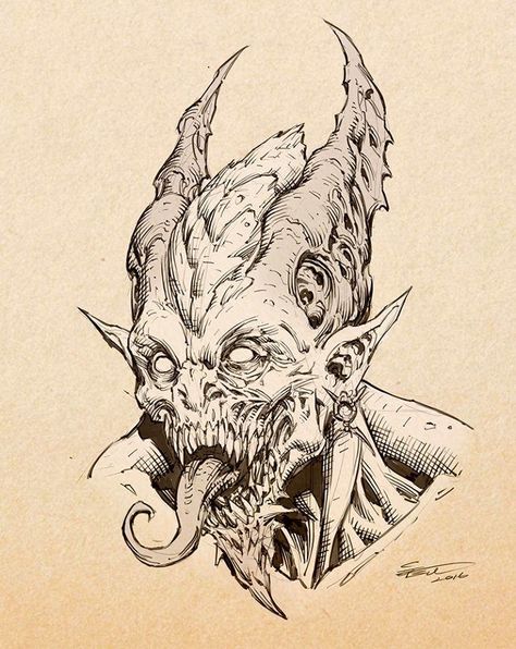 Monster Sketch, Neotraditional Tattoo, Scary Drawings, Horror Drawing, Creepy Drawings, Skull Art Drawing, Monster Drawing, Desain Editorial, Comic Drawing