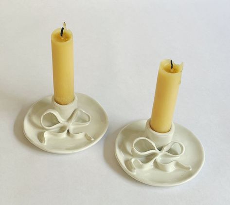 Bow Ceramic Candle Holders Clay Ideas Candle Holder, Diy Ceramic Candle Holders, Bow Candle Holder, Diy Candle Holders Clay, Candle Stick Holders Diy, Candle Holders Clay, Air Dry Clay Candle Holder, Ceramics Candle Holder, Ceramic Candle Holders Ideas