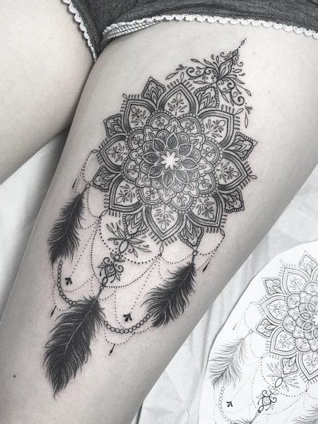 100 Best Mandala Tattoo Design Ideas (2022) - The Trend Spotter Mandala Dream Catcher Tattoo, Sunflower Tattoo Meaning, Mandala Dream Catcher, Sunflower Tattoo Thigh, Upper Leg Tattoos, Sunflower Tattoo Sleeve, Sunflower Tattoo Shoulder, Dream Catcher Mandala, Dream Catcher Tattoo Design