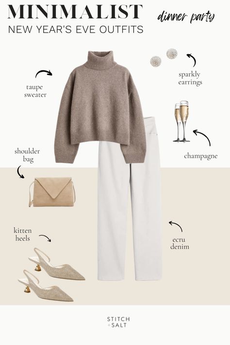 Cozy New Years Eve Outfit, Cream Faux Fur Coat, New Year’s Eve Outfit, Taupe Sweater, Sparkly Accessories, Outfits New Year, Cozy At Home, White Slip Dress, Comfy Sets