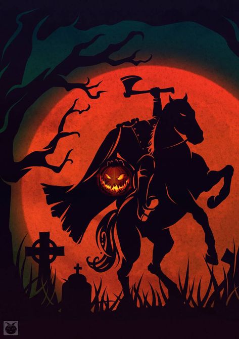 Helloween Wallpaper, Happy Halloween Pumpkin, The Legend Of Sleepy Hollow, Horror Artwork, Headless Horseman, Halloween Artwork, Retro Funny, Horror Movie Art, Desenho Tattoo