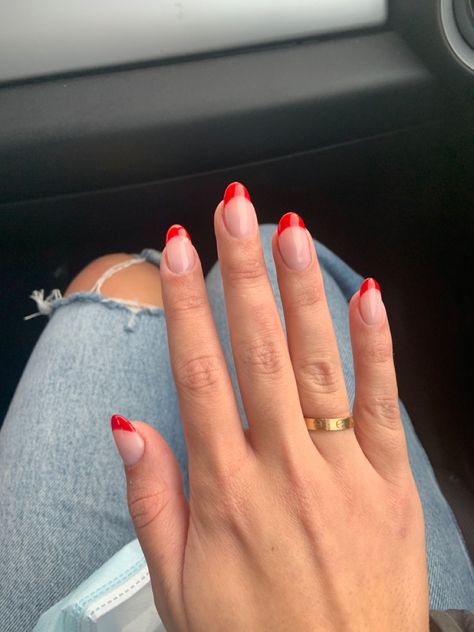 Red French Tip Almond Nails Short, Prom Nails Red French Tip, Red Tips French Manicure, Oval Nails Red Tips, Red Fresh Tip Nails, Red French Dip Nails, Red Nails Acrylic Almond Short, Red Hailey Bieber Nails, Round Red French Tip Nails