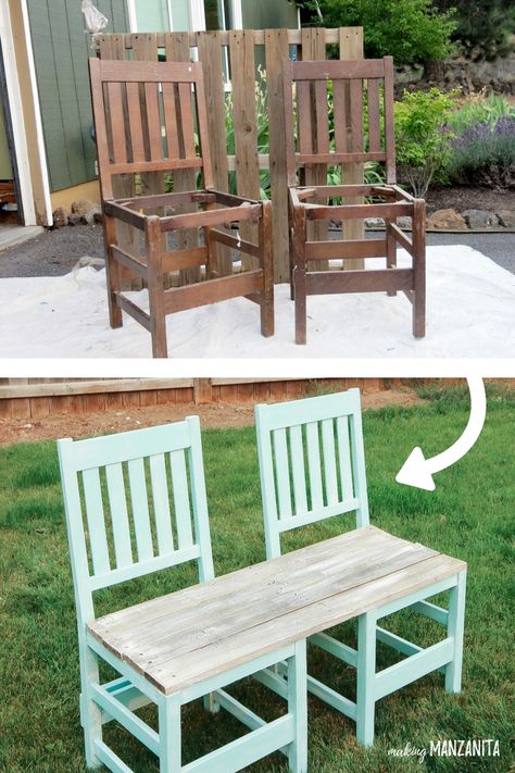 Colorful Bench, Upcycled Chairs, Painted Wood Chairs, Diy Bank, Wood Bench Outdoor, Diy Bench Outdoor, Wooden Chairs, Old Chairs, Diy Bench