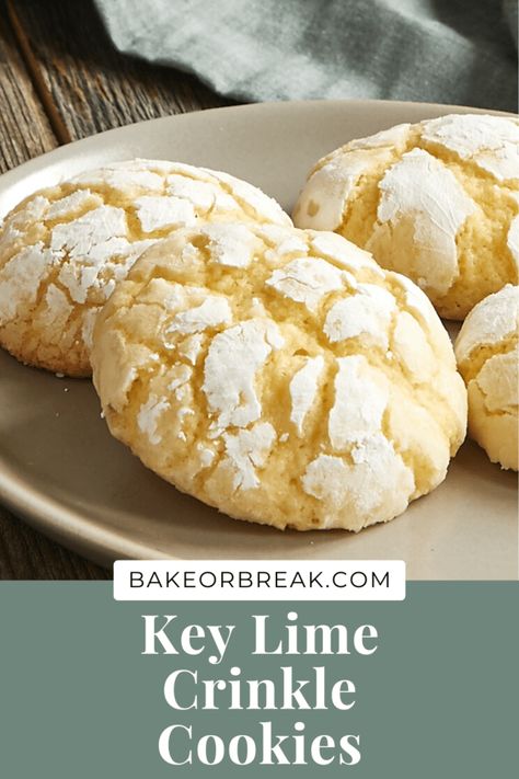 Easy Key Lime Crinkle Cookies | Bake or Break Key Lime Crinkle Cookies, Easy Crinkle Cookies, Key Lime No Bake, Key Lime Cookies, Crinkle Cookies Recipe, Lime Cookies, Key Lime Juice, Lime Recipes, Fun Baking