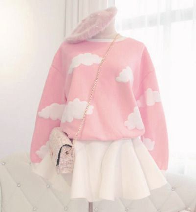 A pink cloud sweater paired with a hat and a white skirt. Pastel Outfit Ideas, Cute Pastel Outfits, Cute Kawaii Clothes, Mode Pastel, Pastel Clothing, Pastel Outfits, Kawaii Outfit Ideas, Kawaii Outfits, Mode Kawaii