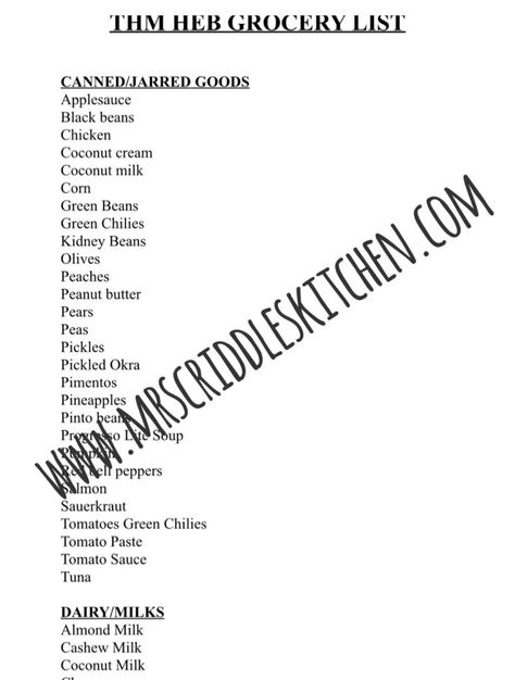 My THM HEB Grocery List - Mrs. Criddles Kitchen Heb Grocery List, Thm Fuel Pull, Thm Meals, Black Bean Chicken, Pickled Okra, Interior Simple, Thm Recipes, Cashew Milk, Creamed Corn