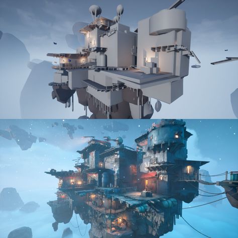 Blockout 3d Environment, Floating Island Concept Art, 3d Scene Design, Level Design Concept, Game Level Design, Floating Islands, Arte Steampunk, Floating Island, Floating City