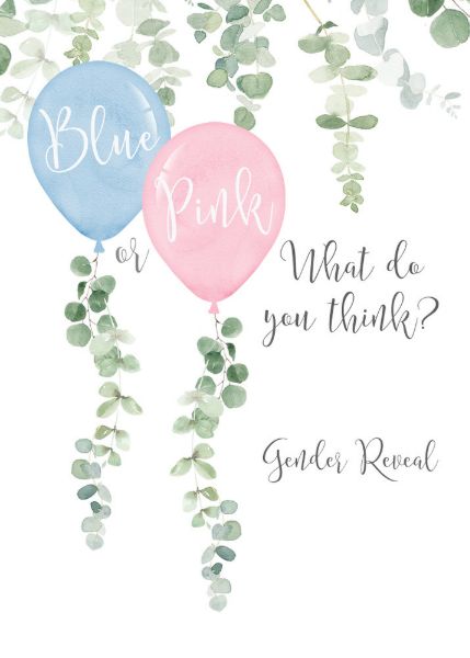 Blue or pink balloons greenery gender reveal invitation | Zazzle.com Greenery Gender Reveal, Foto Gender Reveal, Virtual Gender Reveal, Simple Gender Reveal, Baby Gender Reveal Party Decorations, Greenery Invitation, Gender Reveal Party Theme, Idee Babyshower, Gender Reveal Themes