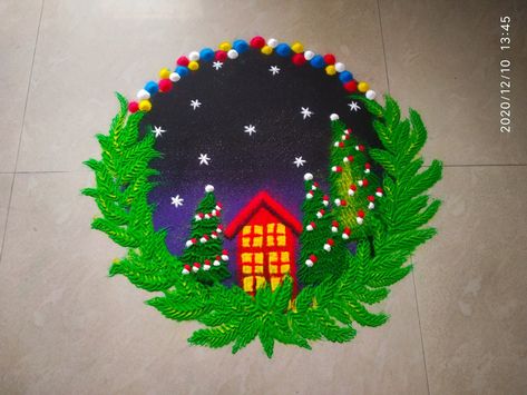 Christmas Kolam Designs, Christmas Rangoli Design, Christmas Kolam, Christmas Rangoli, Rangoli Painting, Colour Kolam, Margazhi Kolam, Pongal Kolam, Rangoli Diwali