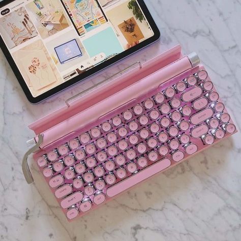 Guess what you can get it now on AMAZON Typewriter Keyboard Ipad, Bluetooth Typewriter Keyboard, Ipad Typewriter, Pink Typewriter, Pink Globe, Typewriter Keyboard, Tech Aesthetic, Ipad Stand, Wireless Keyboard