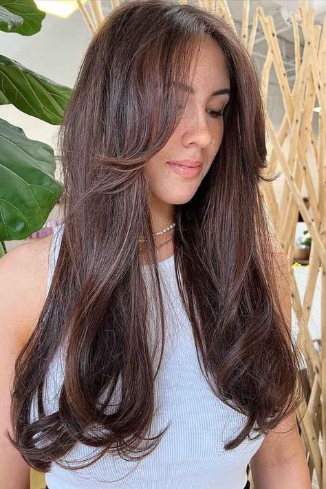 Curtain Bangs With Long Hair: 25 Dazzling Ideas To Get Inspired! Straight Hair Curtain Bangs, Curtain Bangs With Long Hair, Dark Chestnut Hair, Bangs With Long Hair, Braid Hairstyles For Long Hair, Bangs Inspo, Long Curtain Bangs, Chain Braid, Hair Inspiration Long