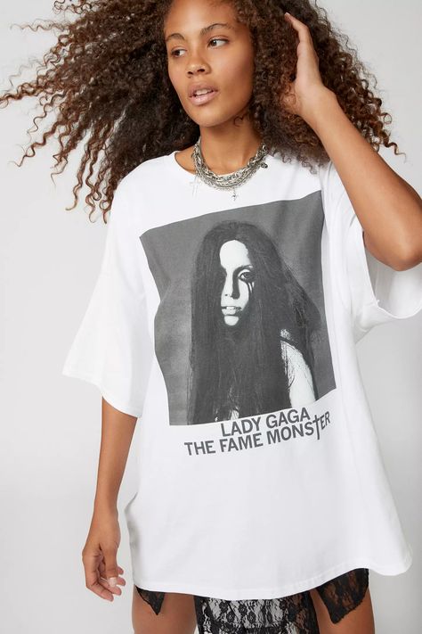 Woman wearing a white t shirt, with a Lady Gaga The Fame Monster design Lady Gaga T Shirt, Distressed T Shirt Dress, Aaliyah T Shirt, Urban Outfitters Graphic Tees, Urban Outfitters T Shirts, Lady Gaga The Fame, Graphic Tee Oversized, Destroyed T Shirt, The Fame Monster