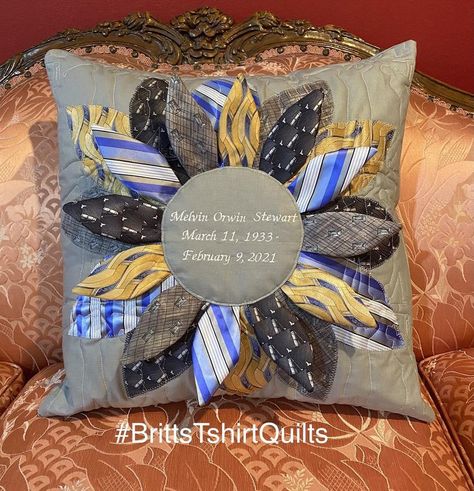 Memory Pillow From Shirt, Memorial Pillow, Necktie Quilt, Tie Pillows, Necktie Crafts, Tie Ideas, Sunflower Pillow, Memory Pillow, Tie Quilt