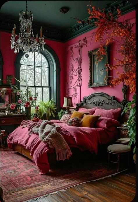 Eclectic Pink Living Room, Pink Whimsigoth Bedroom, Victorian Boho Bedroom, 2024 Bedroom Ideas, Pink Eclectic Bedroom, Raspberry Bedroom, Vintage Glamour Bedroom, Dark Pink Bedroom, Pink Adult Bedroom