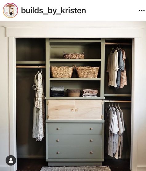 Bedroom Closet Built Ins Diy, Kids Open Closet Ideas, Small Dresser In Closet, Primary Closet Organization, Closet Built In Dresser, Dressers In Closets, Closet With Built In Dresser, Open Concept Closet In Bedroom, Built In Dresser In Closet