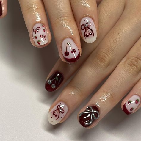 Ribbon 🎀 cherry 🍒 and strawberry 🍓 set Very Short Nail Designs Simple, Halloween Cherry Nails, Art With Ribbons, Nail Inspo Cherry Red, Red Nails With Ribbon, Short Almond Nails Edgy, Cute Short Nail Designs Fall, Waitress Nails, Cherry Short Nails