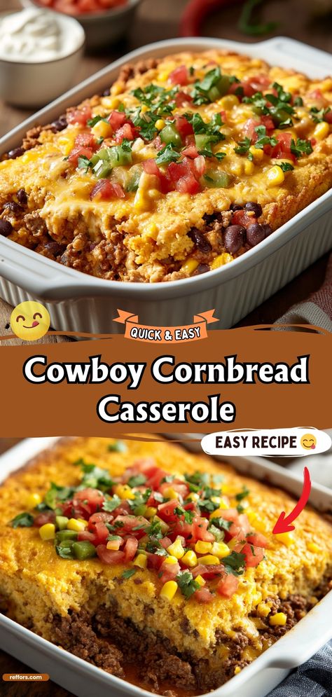 Saddle up for a hearty meal with this Cowboy Cornbread Casserole. Layers of cornbread, ground beef, and beans come together in a dish that's perfect for feeding a crowd. #CornbreadCasserole #HeartyMeal #CowboyCooking Ground Meat And Cornbread Recipes, Cowboy Casserole Cornbread Baked Beans, Hamburger Casserole Recipes With Jiffy Cornbread, Paula Deen Cornbread Casserole, Cornbread Bake Casserole, Easy Cowboy Cornbread Casserole, Cowboy Pie Ground Beef, Ultimate Cornbread Casserole, Cornbread Main Dish