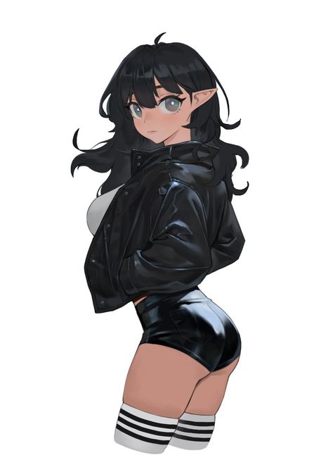 Goth Dark clothing Shorts Emo Jacket, Goth Elf, Rendering Drawing, Jacket Drawing, Elf Girl, Anime Black Hair, Female Drawing, Girls With Black Hair, Drawing Expressions