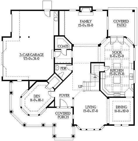 Main level floor plan of a 4-bedroom two-story luxury Victorian home with a covered front porch, living room, a den, family room, formal dining room, and a kitchen with a breakfast nook and access to the covered patio. Victorian Homes Floor Plans, Victorian House Plan, House Victorian, Steampunk Inspiration, Victorian House Plans, Victorian Style House, Luxury Plan, Bedroom Victorian, Craftsman Exterior