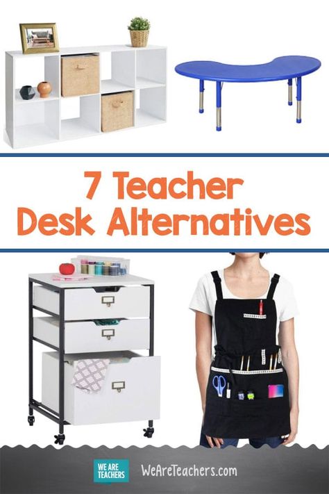 7 Teacher Desk Alternatives To Help You Get Organized & Free Up Space. Looking to ditch the traditional desk? These teacher desk alternatives offer more space and better collaboration for you and your students. #teacher #teaching #classroom #classroomdecor #classroomideas #classroommanagement #teacherlife #organization #classroomorganization #classroomsetup Teacher Desk Small Space, Alternative Teacher Desk Ideas, Teacher Desk Alternative Ideas, No Teacher Desk Classroom, Teacher Table Set Up, No Teacher Desk, Teacher Area In Classroom, Small Teacher Desk, Desk Alternatives