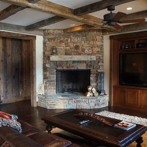 Great Room With Corner Fireplace, Stone Fireplace Corner, Corner Stone Fireplace Ideas, Built In Corner Fireplace, Stone Corner Fireplace, Stone Fireplace Ideas, Corner Stone Fireplace, Stone Fireplace Decor, Corner Fireplace Living Room