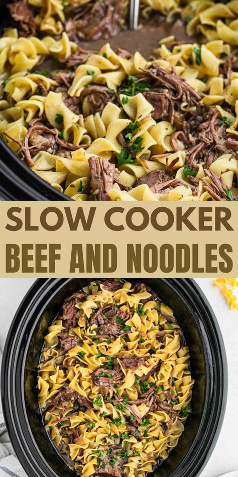 Simple Slow Cooker Beef and Noodles is the best comfort food. The beef cooks tender in a delicious liquid broth to create a delicious meal idea. This beef and noodles dish makes the best weeknight meal. The flavors combined together for a meal that the entire family will love. #eatingonadime #slowcookerbeefandnoodles #easyrecipe Crock Pot Beef And Noodles Crockpot, Crock Pot Beef And Noodles, Slow Cooker Beef And Noodles, Beef And Noodles Crockpot, Quick Bread Recipes Easy, Homemade Egg Noodles, Noodle Recipes Easy, Winter Cooking, Pizza Recipes Easy