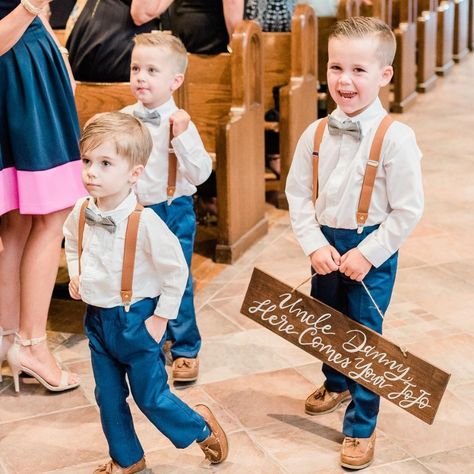 Three Ring Bearers, Wedding Signs For Kids To Carry, Multiple Ring Bearer Ideas, Ring Bearer Outfit Blue, Ring Bear Outfit, Ringbearers Outfits, Ring Bearer Attire, Fall Barn Wedding, Small Backyard Wedding