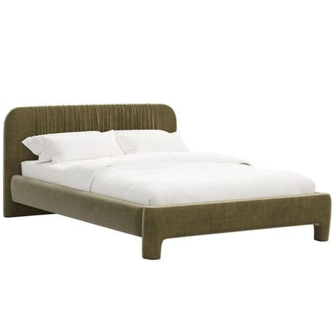 Elevate your bedroom with timeless glamour courtesy of the Juniper platform bed, fully upholstered in a luxurious velvet fabric. Its gently rounded lines and open base create a cozy yet airy ambiance. Its silhouette exudes sophistication, while generous headboard padding provides enduring comfort and support for reading or watching TV. With a convenient slat system included, this bed eliminates the need for a box spring, offering both style and practicality for your space, made in the USA. Low Headboard Bed, Bed Elevation, Headboard Padding, Platform King Bed, Cushioned Headboard, Bed Velvet, Velvet Bed Frame, Timeless Glamour, King Size Headboard