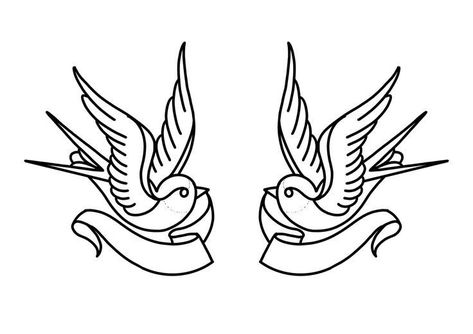 Old School Swallow Tattoo Design, Trad Swallow, Swallow Tattoo Traditional, Golondrinas Tattoo, Traditional Swallow Tattoo, Scroll Tattoos, Swallow Tattoo Design, Traditional Tattoo Stencils, American Traditional Tattoo Ideas