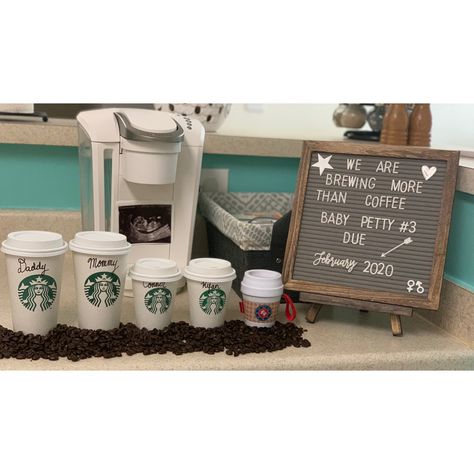 Coffee Baby Announcement, Coffee Pregnancy Announcement, Work Pregnancy Announcement, Coffee And Pregnancy, Family Baby Announcement, Creative Baby Announcements, Baby 2 Announcement, Second Baby Announcements, Announcement Photoshoot