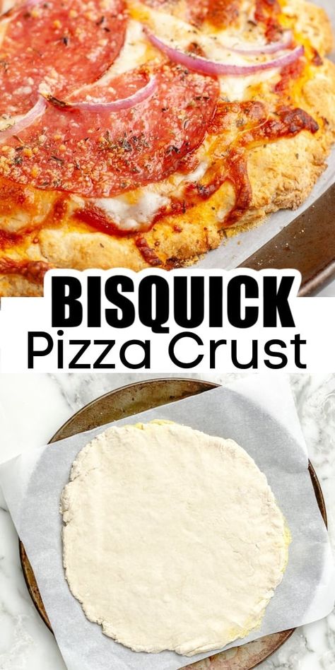 Bisquick pizza dough can be made with 2 ingredients and no yeast! Great for a weeknight meal, this easy pizza crust can be ready to go in the oven in about 15 minutes. Pizza Dough With No Yeast, Bisquick Pizza Dough Recipe, Bisquick Pizza Dough, Pizza Dough Recipe No Yeast, Dough Recipe No Yeast, Bisquick Pizza, Quick Pizza Crust, Homemade Pizza Crust Easy, Pizza Crust Recipe Easy