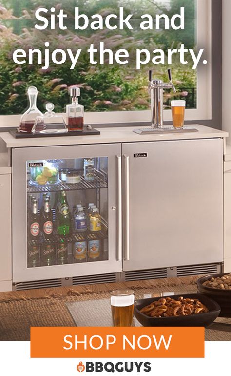 Browse our wide selection of outdoor wine coolers and kegerators. Conveniently serve draft beer or chardonnay while grilling or simply entertaining outdoors. Outdoor Kitchen With Kegerator, Outdoor Kegerator Ideas, Outdoor Fridge Ideas, Outdoor Refrigerator Ideas, Outdoor Kegerator, Kitchen Design Outdoor, Design Outdoor Kitchen, Entertaining Outdoors, Outdoor Fridge