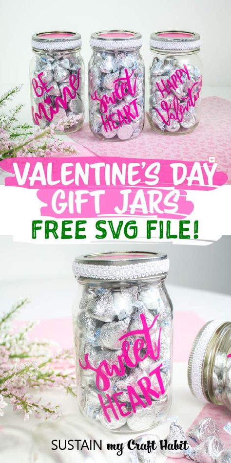 Treat yourself to a Valentine's Day candy jar using your Cricut Maker and a mason jar as well as other fun candy jar ideas! Free SVG cut file included. #cricutcreated #masonjarcrafts #valentinecrafts #sustainmycrafthabit Candy Jar Ideas, Cricut Valentine Ideas, Cricut Projects To Sell, Cricut Valentines Projects, Valentines Day Gifts For Him Boyfriends, Gift Jars, Love For Him, Diy Valentines Decorations, Jar Ideas