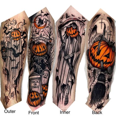 Samhain Tattoo, Halloween Themed Tattoos Sleeve, Halloween Tattoo Color, Halloween Sleeve Tattoo, Halloween Leg Tattoos, Jackolantern Tattoo Scary, Halloween Fall Tattoo Sleeve, Spooky Leg Sleeve, Halloween Themed Leg Sleeve Tattoo