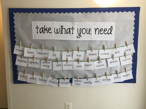 May bulletin board - "Take what you need" Social Work Bulletin Board, Social Work Bulletin Board Ideas, Nurture Classroom, Work Bulletin Board Ideas, First Aid Kid, May Bulletin Board, Work Bulletin Board, Kindness Bulletin Board, Kindness Challenge