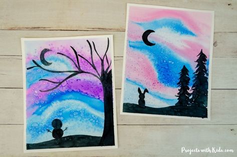 Kids will use easy watercolor techniques to make a gorgeous winter silhouette art project. A fun watercolor painting idea with a winter twist! Fun Watercolor Ideas, Bunny Art Projects, Shamrock Art, Art Elementary, Heart Art Projects, Winter Silhouette, Composer Study, Chalk Pastel Art, Fun Watercolor