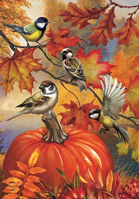 Autumn Birds, Fall Pics, Fall Garden Flag, Fall Images, Diamond Drawing, Garden Flag Stand, Chickadees, Fall Garden, Hur Man Målar