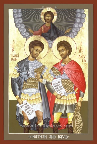 Jonathan and David | Catholic Christian Religious Art - Icon by Br. Robert Lentz, OFM - From your Trinity Stores crew, "Blessed Ecumenical Images of Holiness!" Samuel Bible, David And Jonathan, Gay History, Religious Images, Religious Icons, Artwork Display, Orthodox Icons, Giclée Print, Display Cards