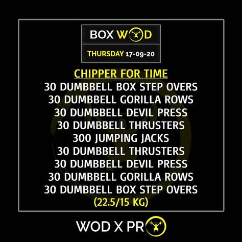 Box Wod Workouts, Chipper Workout, Dumbbell Thrusters, Gorilla Rows, Wod Workouts, Box Workout, Gym Wod, Crossfit Workouts At Home, Amrap Workout