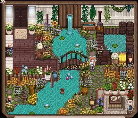 Stardew Sunday!🌲🌱 The 1.6 update has made me bring this back!! Each Sunday I will share a post of my favourite farm design that I’ve come across in the week!🤎 For this week, I’ve chosen this wonderful shed layout! Yes, a garden in a SHED🤩 I found this on Pinterest, uploaded by taeisacupcake🤍 The mod for the water & fountain is Medieval DNT by Gweniaczek💧 If you have any screenshots of your own Stardew farm, please do send them over & I’ll include them in the weekly posts🥰 I’ve tagged som... Stardew Valley Shed Ideas, Shed Layout, Stardew Layout, Farms Design, Cottagecore Pictures, Stardew Ideas, Stardew Farm, Stardew Farms, Stardew Valley Layout