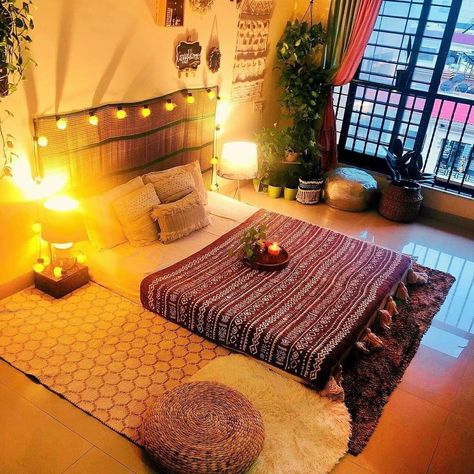 Lit up Holi Decor Coming Your way Home Decor Ideas Bedroom Indian, Boho Bedroom Floor Bed, Boho Floor Bed Cozy Bohemian, Floor Bed Decor Ideas Indian, Cozy Bedroom Indian, Futon Bedroom Ideas For Women, Boho Floor Bed, Indian Inspired Bedroom, Floor Bedding