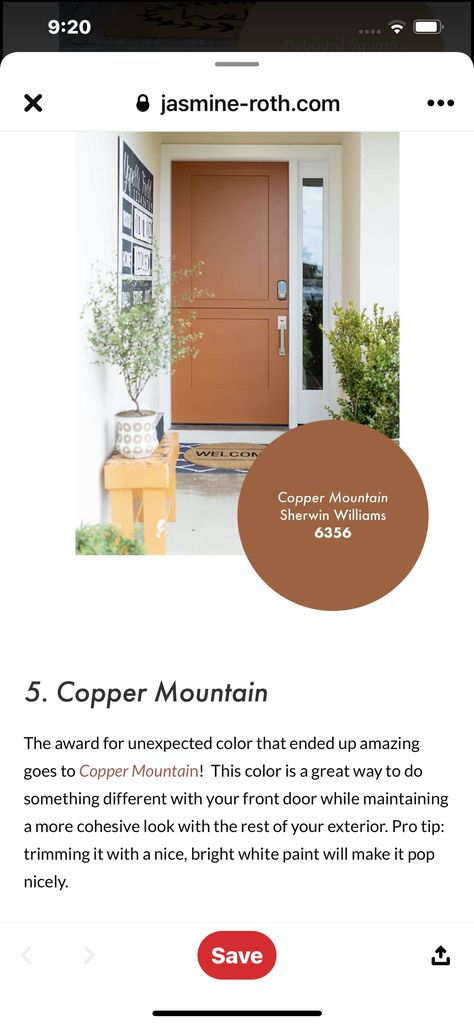 Cinnamon Front Door, Sherwin Williams Copper Mountain, Rust Front Door, Copper Mountain Sherwin Williams, Light Brown Front Door, Terracotta Front Door, Copper Front Door, Outside House Paint, Painted Exterior Doors