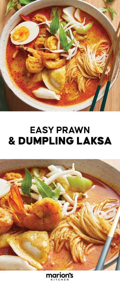 Prawn & Dumpling Laksa that's ready in 25 minutes Laska Soup Recipe, Dumpling Meals, Prawn Laksa, Laksa Noodles, Pork Soup Recipes, Laksa Recipe, Laksa Soup, Prawn Dumplings, Thai Red Curry Paste