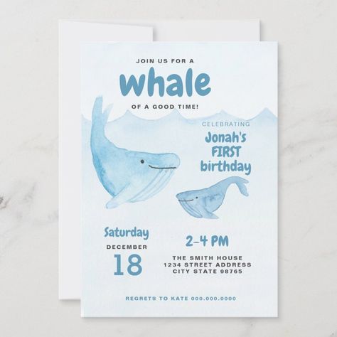 Watercolor Whale First Birthday Party Invitation  Zazzle Whale Birthday Theme, Coral Birthday Party, Whale Birthday Party, Whale Birthday Parties, Whale Birthday, Ocean Birthday Party, 5th Birthday Party Ideas, Ocean Birthday, One Year Birthday