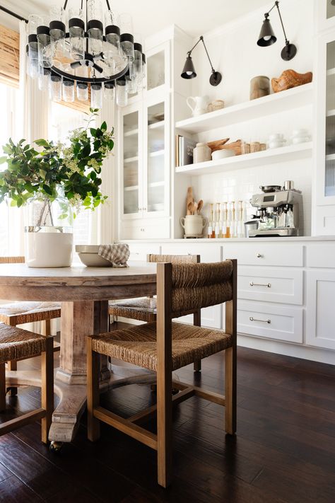 Come see what these new woven breakfast nook chairs did for our small dining space off the side of our kitchen. Woven Leather Dining Chair, Beach Cottage Kitchen, Leather Dining Chair, Cottage Kitchens, Curved Back, Leather Dining, Cottage Kitchen, Wishbone Chair, Dining Room Design