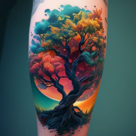 Woman Tattoo Sleeve Ideas, Tree Cover Up Tattoo, Victor Tattoo, Tree Of Life Tattoo Feminine, Mum Tattoos, Bright Colorful Tattoos, Tree Tattoo Color, Tree Tattoo Ideas, Colorful Sleeve Tattoos