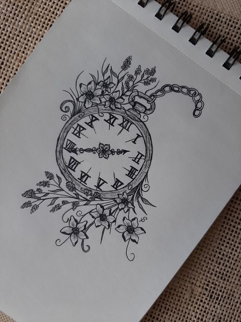 Roman Numeral Clock Drawing, Vintage Clock Drawing, Clock Sketch, Pocket Watch Drawing, Vintage Clock Tattoos, Gear Drawing, Clock Drawings, Vine Drawing, Mandala Sketch