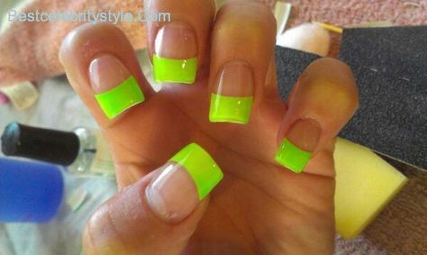 Neon Green acrylic nails with a french tip Short Neon Nails Acrylic Square, Neon French Tips, Neon French Manicure, Nail Designs Summer Neon, Lime Green Nails, Blue Nail Art Designs, Neon Green Nails, Green Acrylic Nails, Green French